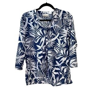 SUNBAY COTTONS Cotton Palm Tropical Print Button Front Blouse Navy Blue M